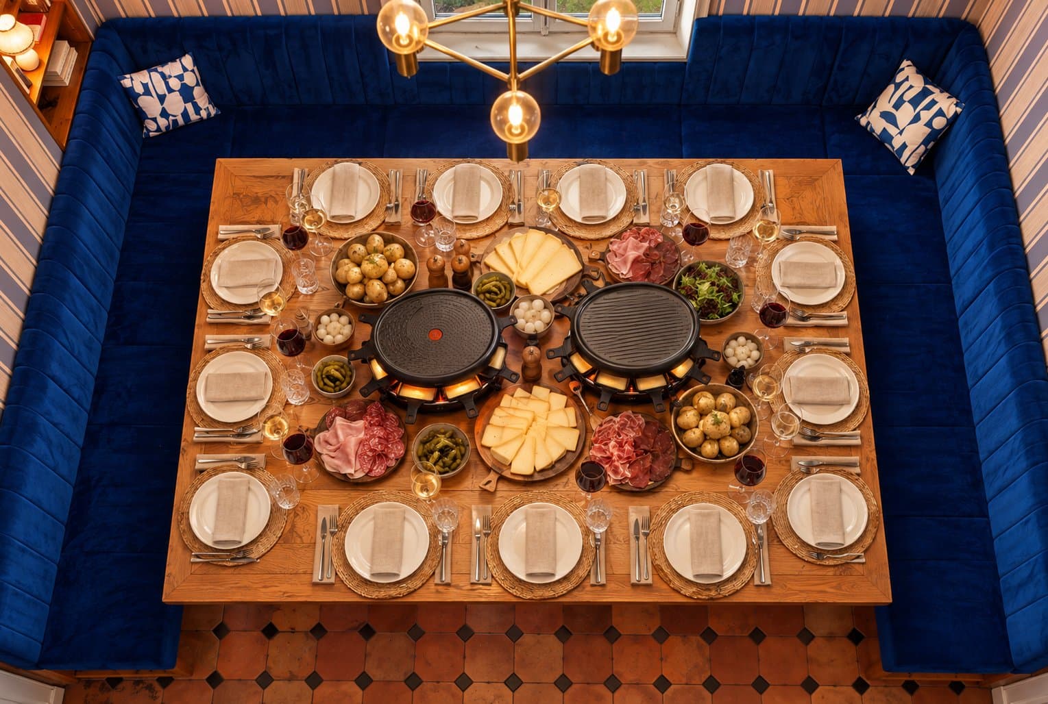 La grande table dressée pour une raclette, dans la salle à manger de la Maison Nelson